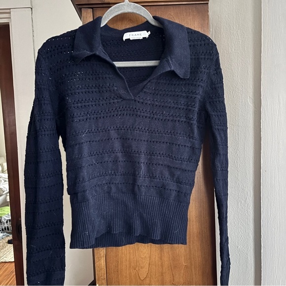 Frame Denim Sweaters - Frame Navy Blue V Neck Collared Wool Sweater SZ small